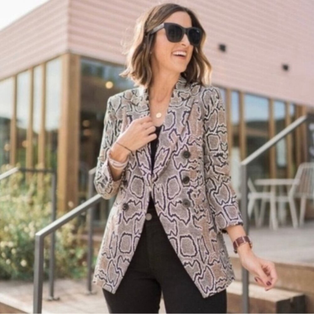 CABI 3733 Python Snakeskin Brown Ponte Knit Double Breasted Blazer Jacket Size 6